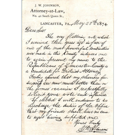 1874 J.W. Johnson Attorney at Law Lancaster PA Letterhead Memo D21