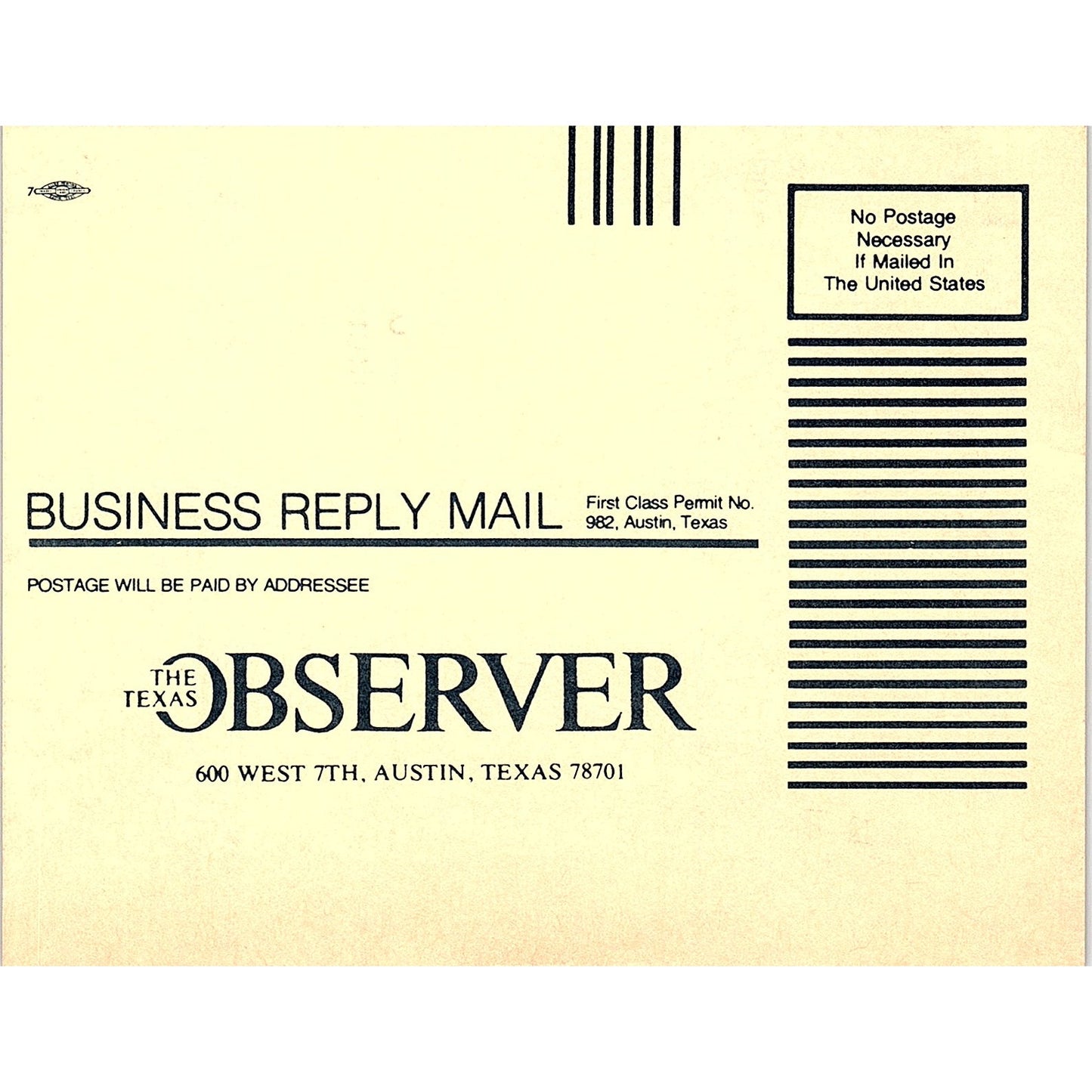 The Texas Observer Blank Postal Mailing Card Austin TX 1984 Ad AF6-9