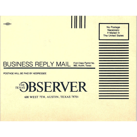 The Texas Observer Blank Postal Mailing Card Austin TX 1984 Ad AF6-9