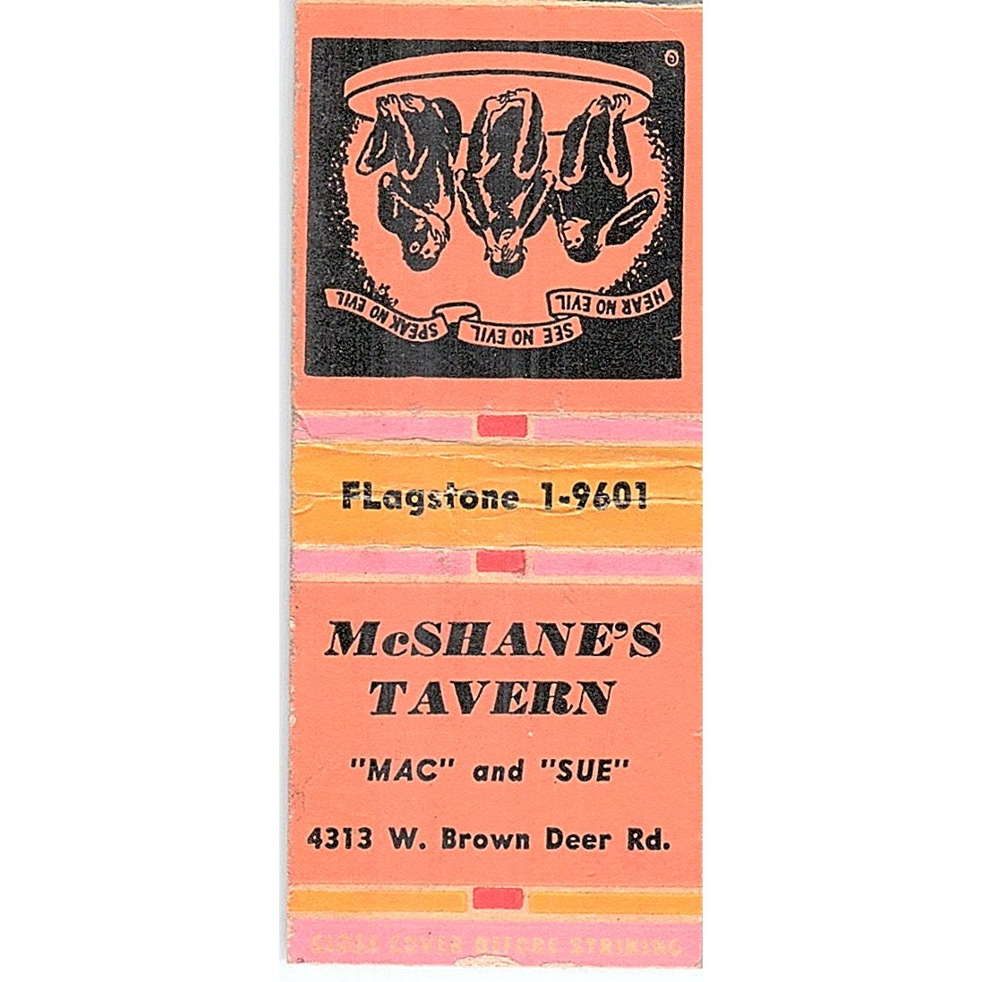 McShane's Tavern Mac & Sue 4313 W. Brown Deer Rd WI Vtg Matchbook Cover SF3-Y1