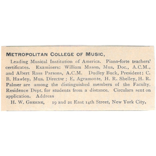 Metropolitan College of Music H.W. Greene NY 1892 Magazine Ad AB6-S2