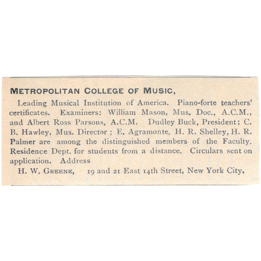 Metropolitan College of Music H.W. Greene NY 1892 Magazine Ad AK6-S2