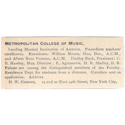 Metropolitan College of Music H.W. Greene NY 1892 Magazine Ad AK6-S2