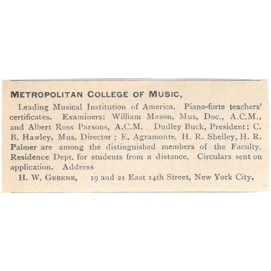 Metropolitan College of Music H.W. Greene NY 1892 Magazine Ad AK6-S2