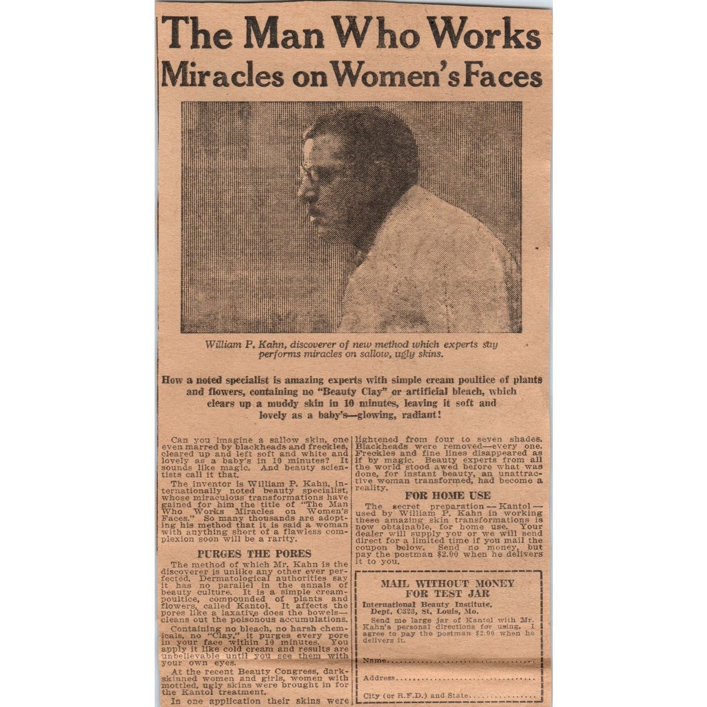 William P. Kahn Skin Care Miracle Quackery 1923 Magazine Ad Clip AE1-1