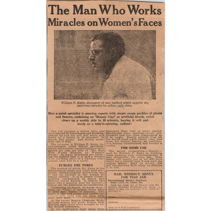William P. Kahn Skin Care Miracle Quackery 1923 Magazine Ad Clip AE1-1