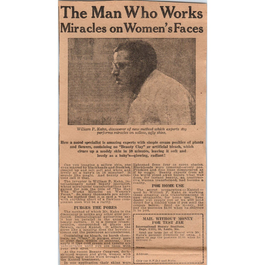 William P. Kahn Skin Care Miracle Quackery 1923 Magazine Ad Clip AE1-1