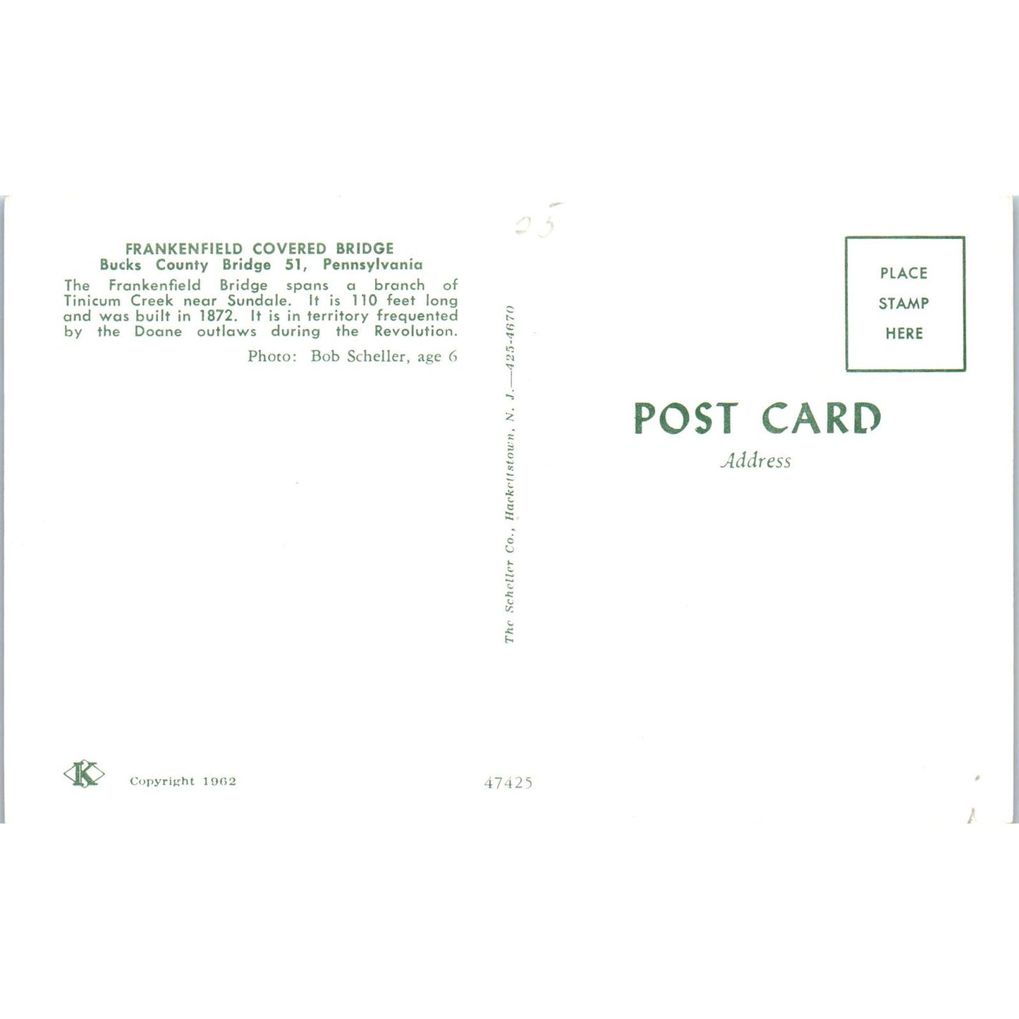 Bucks County Bridge 51 Frankenfield Tinicum Creek Covered Bridge Postcard PC1