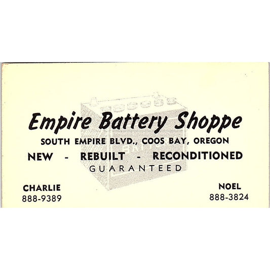 Empire Battery Shoppe Charlie Noel Coos Bay OR Vintage Business Card SE3-B13