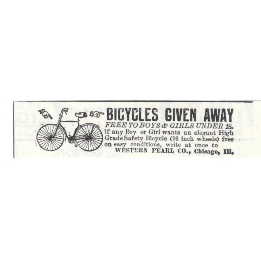 Bicycles Given Away Western Pearl Co Chicago IL 1892 Ad AG2-S24
