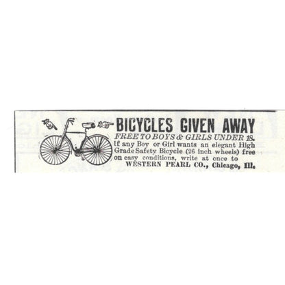 Bicycles Given Away Western Pearl Co Chicago IL 1892 Ad AG2-S24
