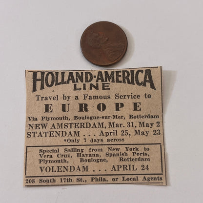 Holland-America Line Philadelphia PA 1931 Newspaper Ad SAG4-S13