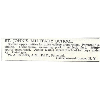 St. John's Military School W.A. Ranney Ossining on Hudson c1918 Advert AE5-SA10