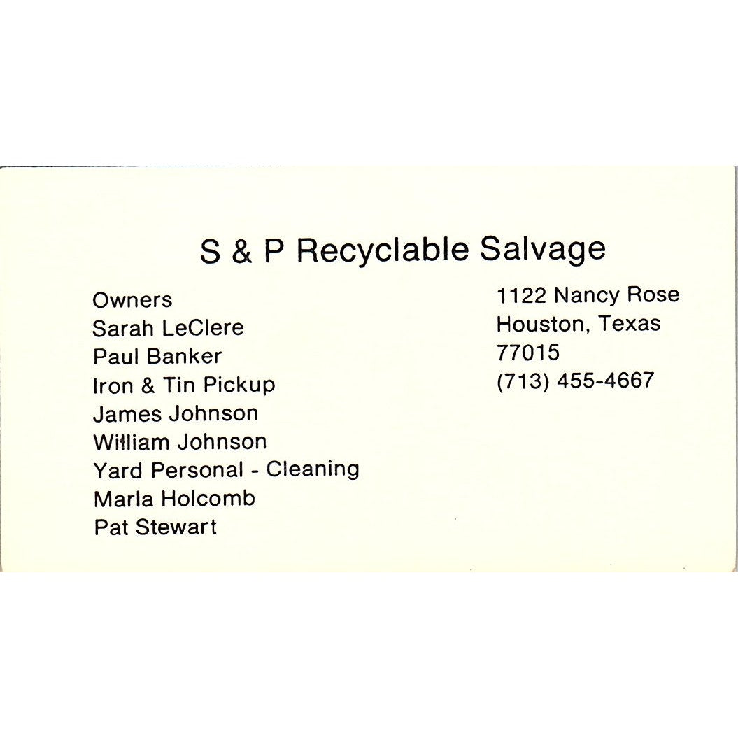 S&P Recyclable Salvage Sarah LeClere Houston Vintage Business Card SE5-B3