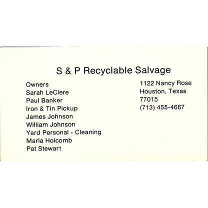 S&P Recyclable Salvage Sarah LeClere Houston Vintage Business Card SE5-B3
