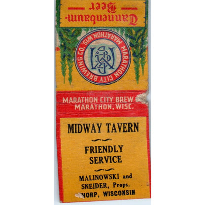 Midway Tavern Malinowski & Sneider Thorp WI Vintage Matchbook Cover SD2-Y8