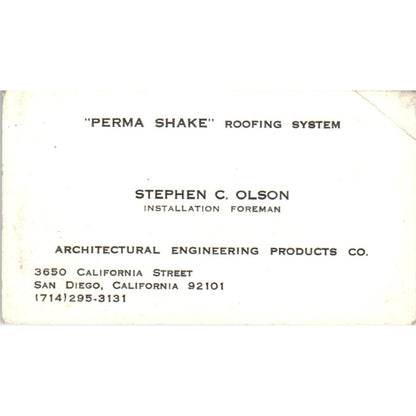 Perma Shake Roofing Stephen C Olson San Diego CA Vintage Business Card SD8-B14