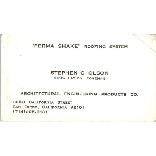 Perma Shake Roofing Stephen C Olson San Diego CA Vintage Business Card SD8-B14