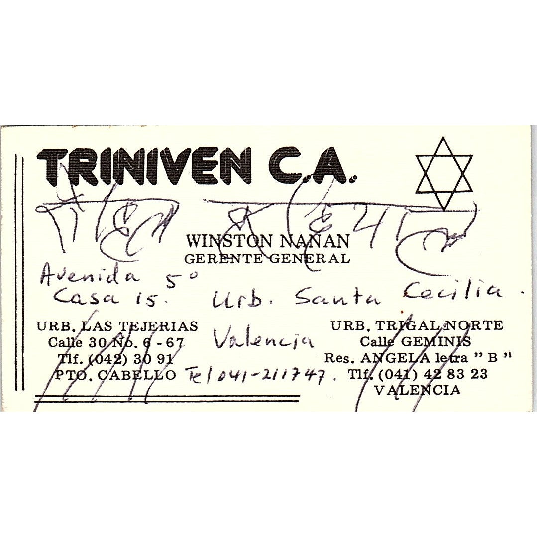 Triniven CA Winston Nanan Puerto Cabello Vintage Business Card SC9-B6