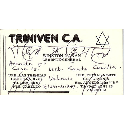 Triniven CA Winston Nanan Puerto Cabello Vintage Business Card SC9-B6