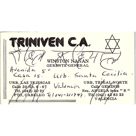 Triniven CA Winston Nanan Puerto Cabello Vintage Business Card SC9-B6