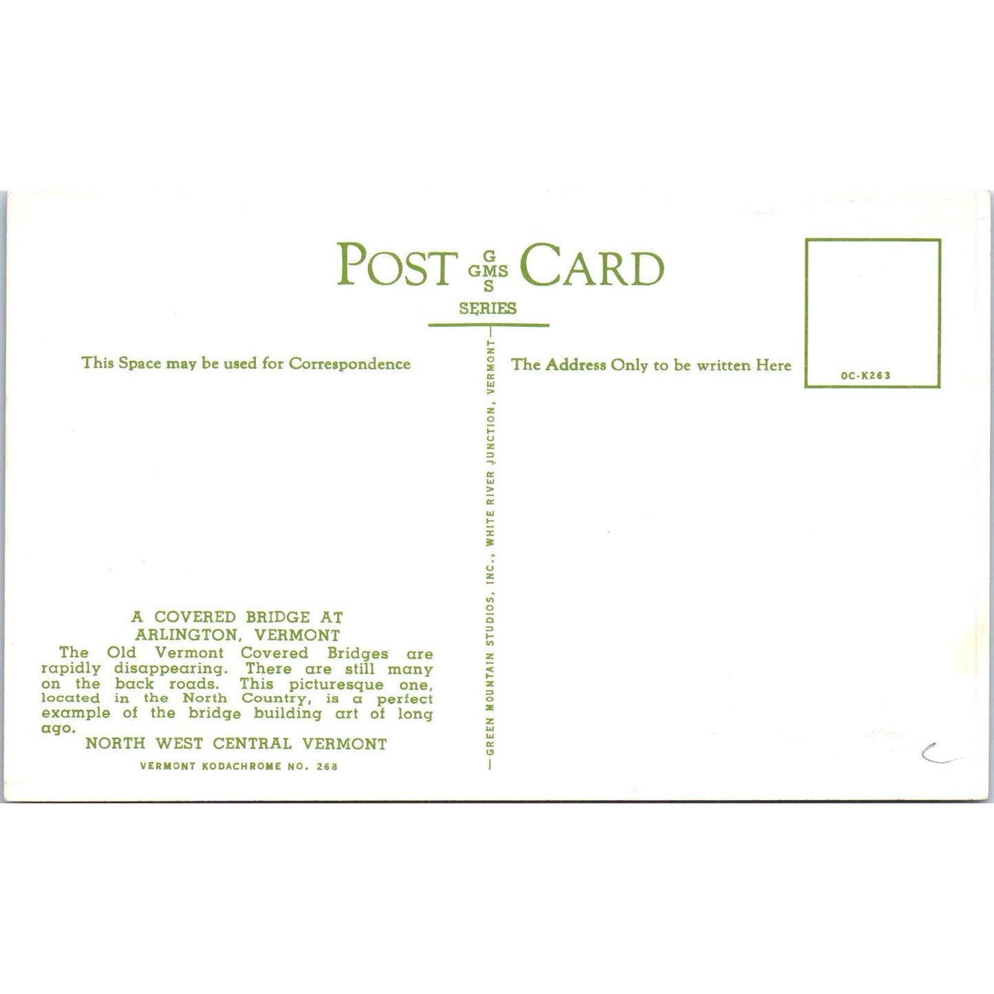 Arlington Vermont Covered Bridge Postcard PC7