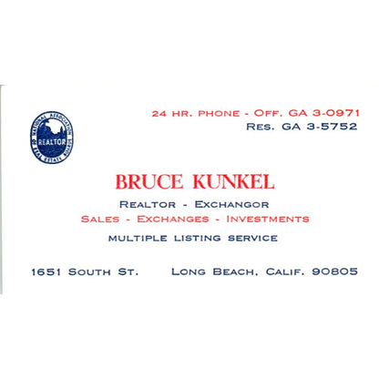 Bruce Kunkel Realtor Long Beach CA Vintage Business Card SD8-B1