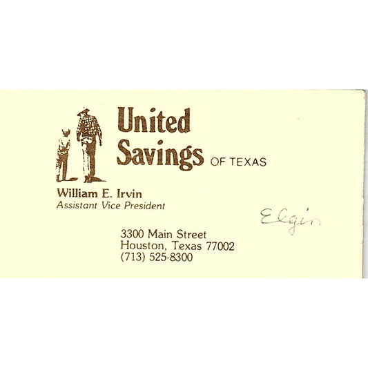 United Savings Of Texas William E Irvine Houston Vintage Business Card SB4-B10