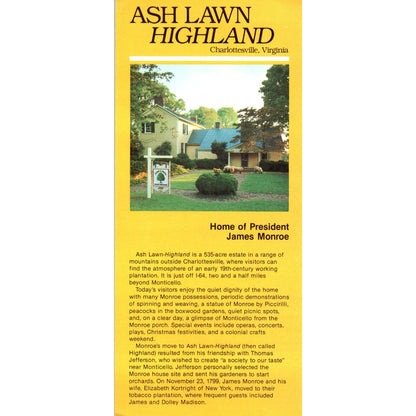 Vintage Ash Lawn Highland James Monroe Home Charlottesville VA Info Card TH2-O1