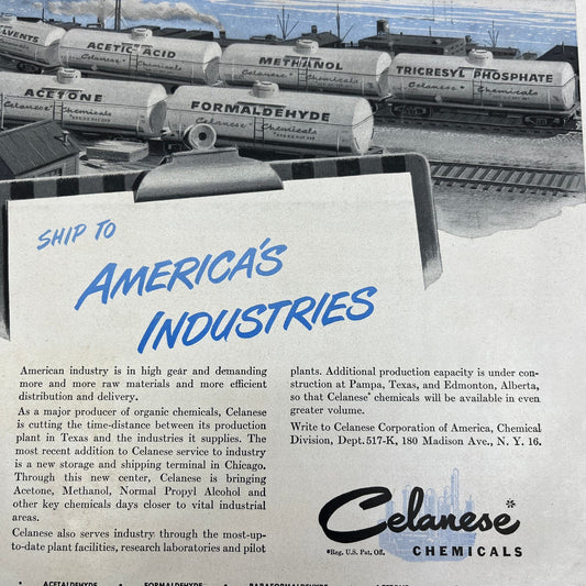 Celanese Chemicals Ship to America's Industries 1951 Magazine Ad FL6-10