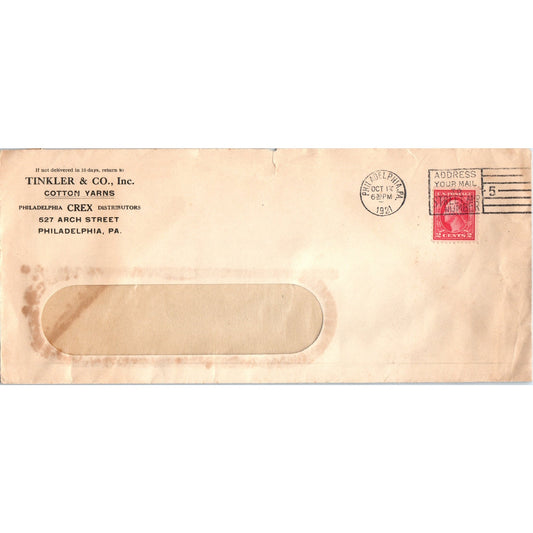 1921 Tinkler & Co Inc Cotton Yarns Philadelphia PA Postal Cover Envelope TH9-L1