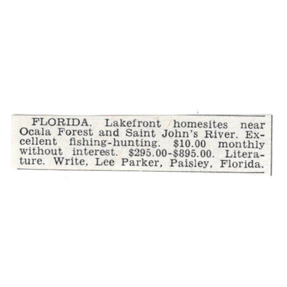Florida Lakefront Homesites Ocala Forest Lee Parker Paisley FL 1955 Ad AG1-S4