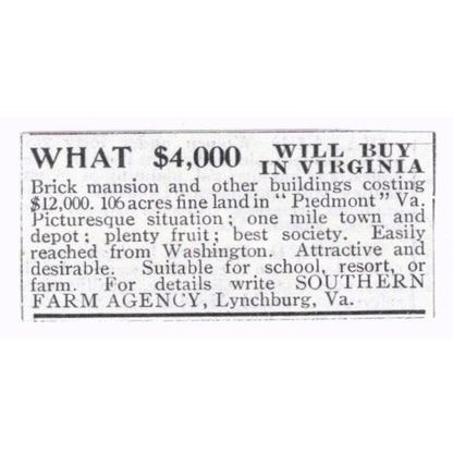 Virginia Real Estate Southern Farm Agency Lynchburg c1918 Advertisement AE5-SV5
