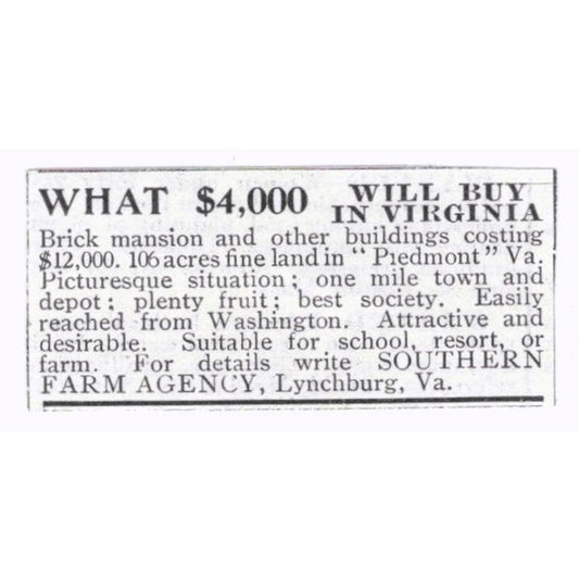 Virginia Real Estate Southern Farm Agency Lynchburg c1918 Advertisement AE5-SV5
