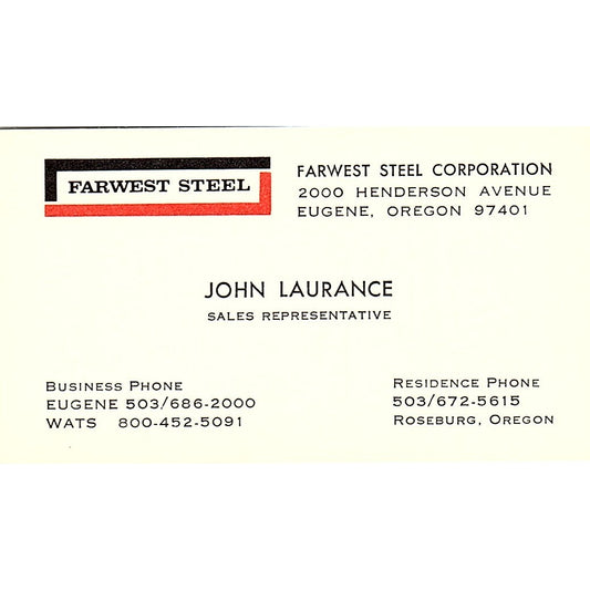John Laurance Farwest Steel Eugene Roseburg OR Vintage Business Card SC9-B12