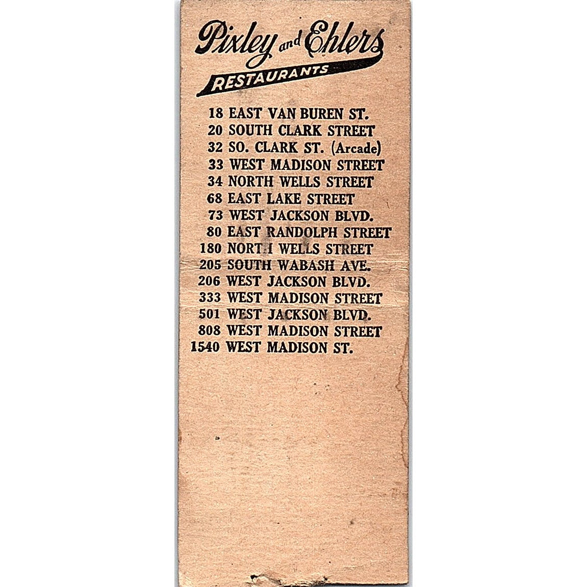 Pixley and Ehlers Restaurants Chicago Vintage Matchbook Cover SF3-Y3