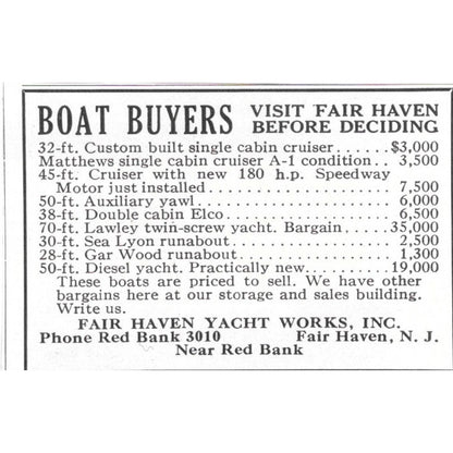 Fair Haven Yacht Works Inc Red Bank Fair Haven NJ 1932 Ad AG2-M20