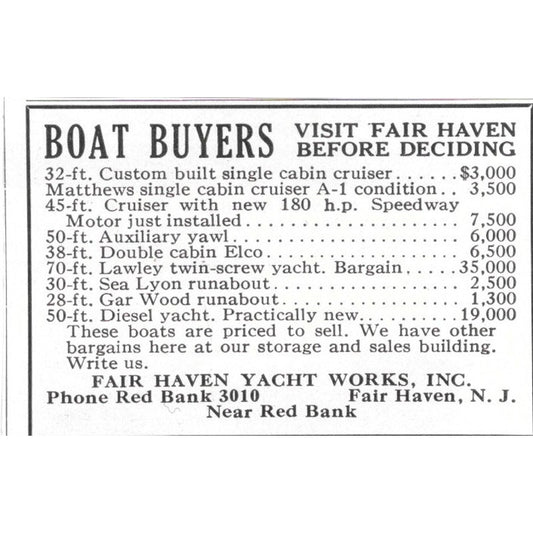 Fair Haven Yacht Works Inc Red Bank Fair Haven NJ 1932 Ad AG2-M20