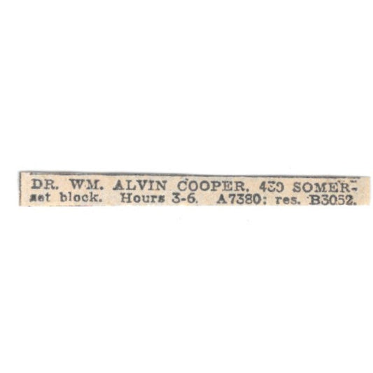 Dr William Alvin Cooper 430 Somerset Block Winnipeg 1920 Ad AG2-S10
