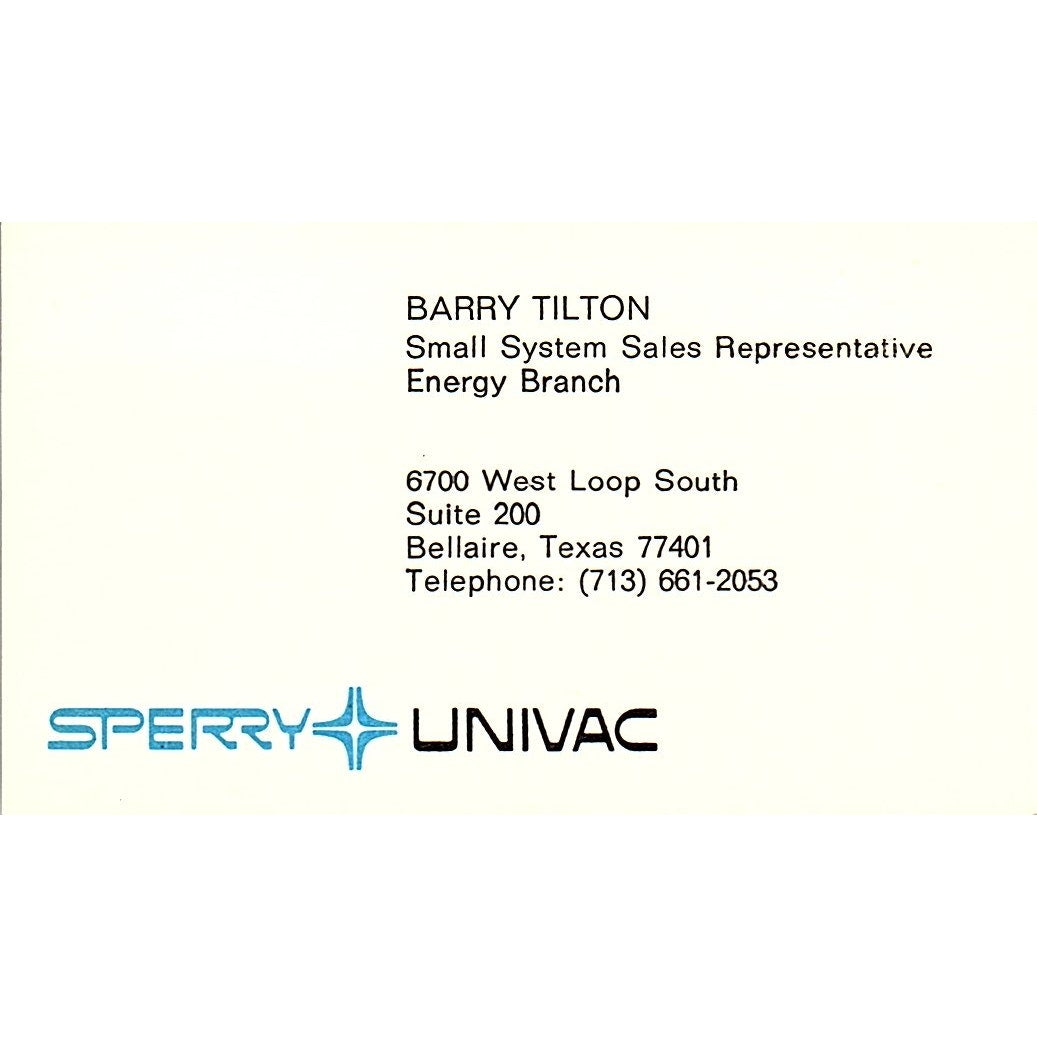 Barry Tilton Sperry Univac Bellaire TX Vintage Business Card SD9-B2
