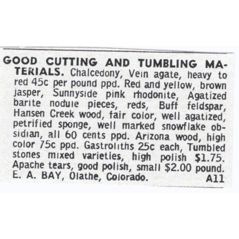 E.A. Bay Lapidary Cutting and Tumbling Supply Olathe CO 1964 Magazine Ad AK6-S8