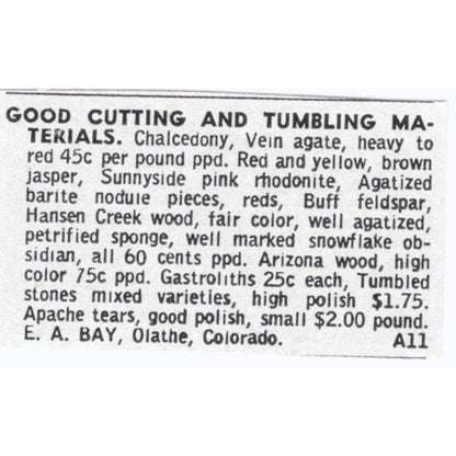 E.A. Bay Lapidary Cutting and Tumbling Supply Olathe CO 1964 Magazine Ad AK6-S8