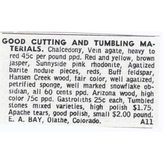 E.A. Bay Lapidary Cutting and Tumbling Supply Olathe CO 1964 Magazine Ad AK6-S8
