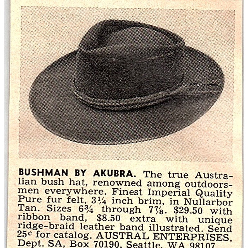 Bushman by Akubra Austral Enterprises Seattle WA 1977 Ad AF6-M3