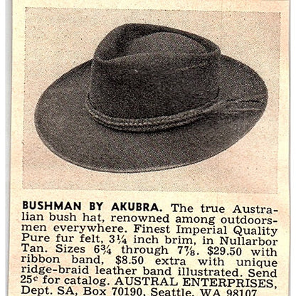 Bushman by Akubra Austral Enterprises Seattle WA 1977 Ad AF6-M3