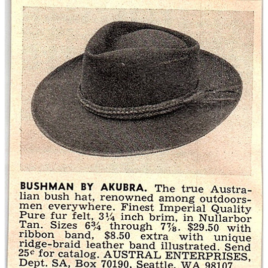 Bushman by Akubra Austral Enterprises Seattle WA 1977 Ad AF6-M3