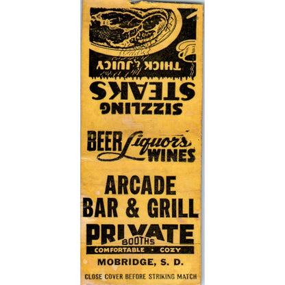 Arcade Bar & Grill Mobridge SD Vintage Matchbook Cover SD4-Y17