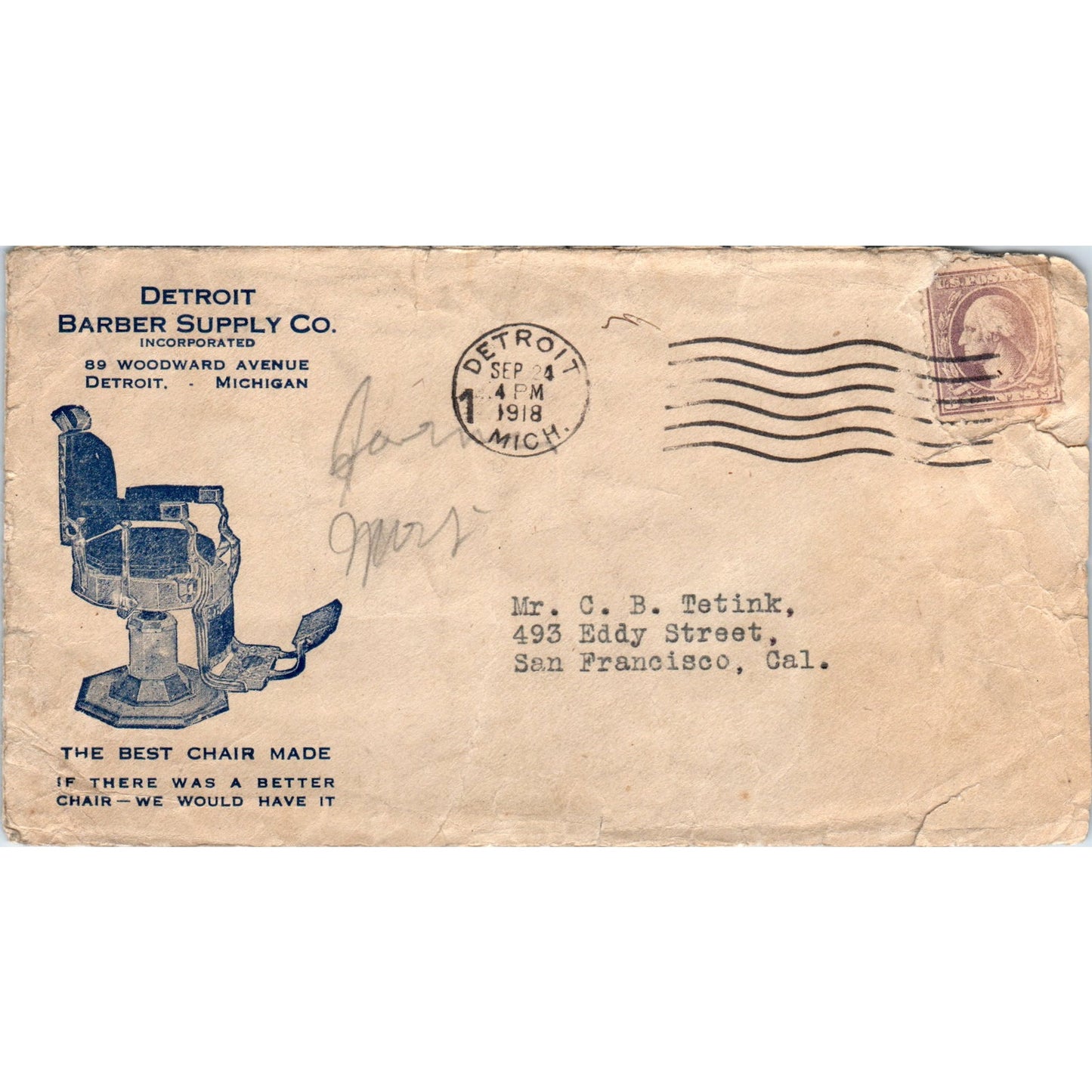 1918 Detroit Barber Supply Co to C.B. Tetink San Francisco Postal Cover TG7-PC1