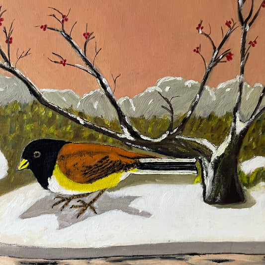 Retro Kitsch Western Spotted Towhee Bird Original Painting Canvas Panel 10x14 V3