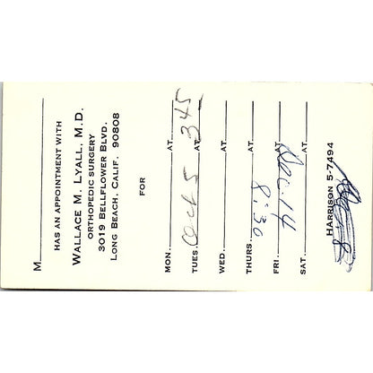 Orthopedic Surgery, Wallace M. Lyall, M.D. Long Beach CA, Business Card SF3-B8